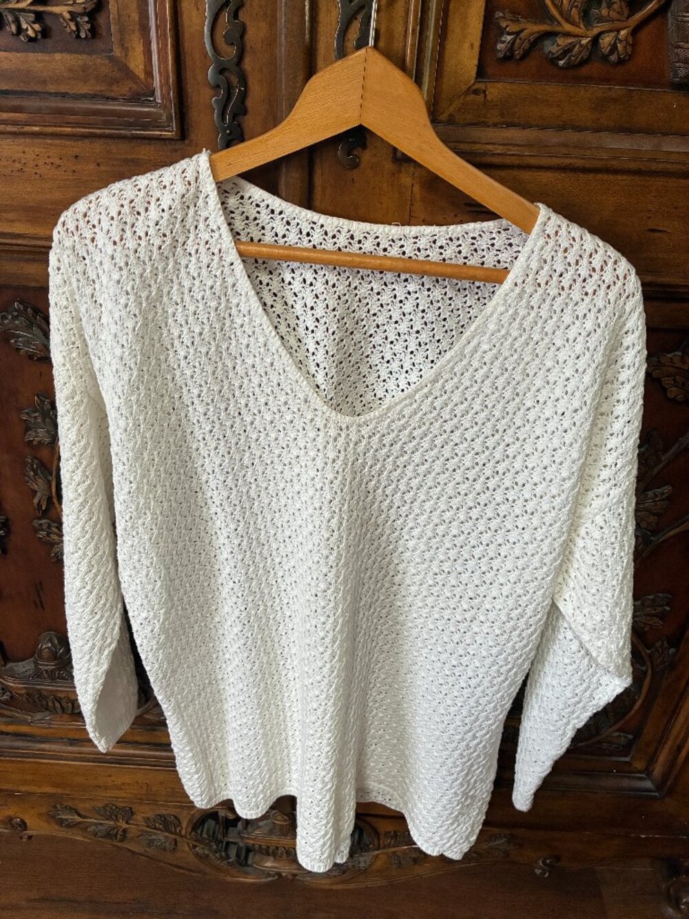White Crochet Knit V-neck Sweater Top Women's Size L/XL Lagenlook Coquette Girl,